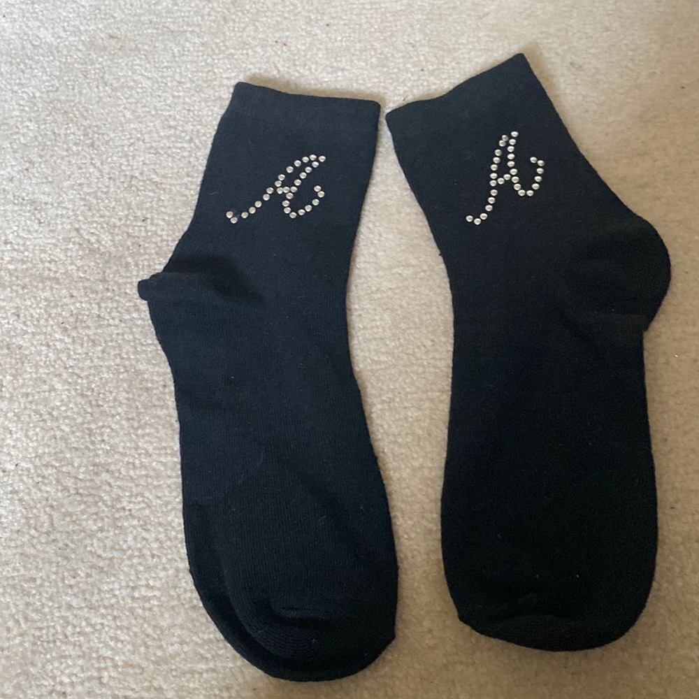 NWOT Black Socks with studded monogram script “A”